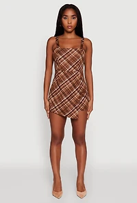 Womens Plaid Square Neck Sleeveless Romper, Brown, Size XL