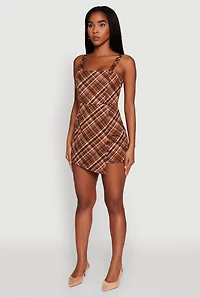 Womens Plaid Square Neck Sleeveless Romper, Brown, Size M
