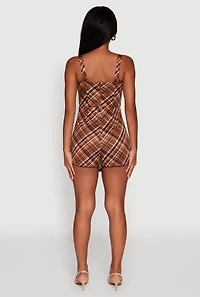 Womens Plaid Square Neck Sleeveless Romper, Brown, Size M