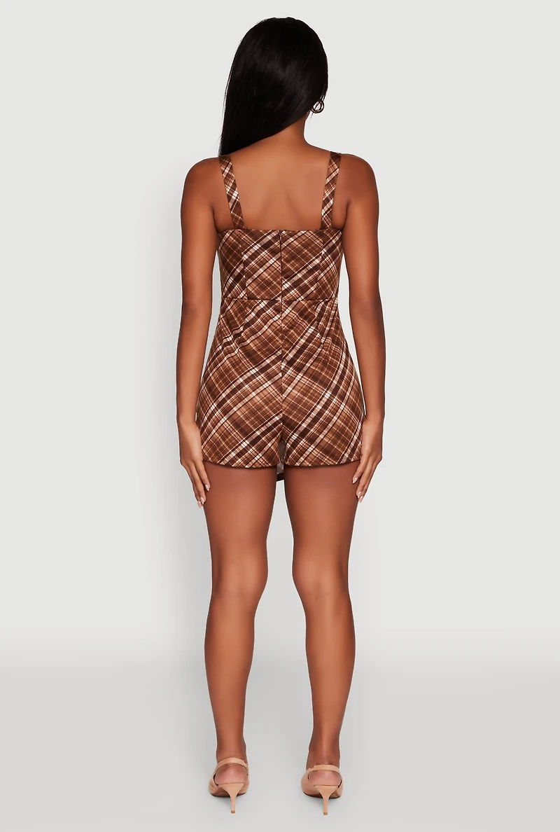 Womens Plaid Square Neck Sleeveless Romper, Brown, Size S