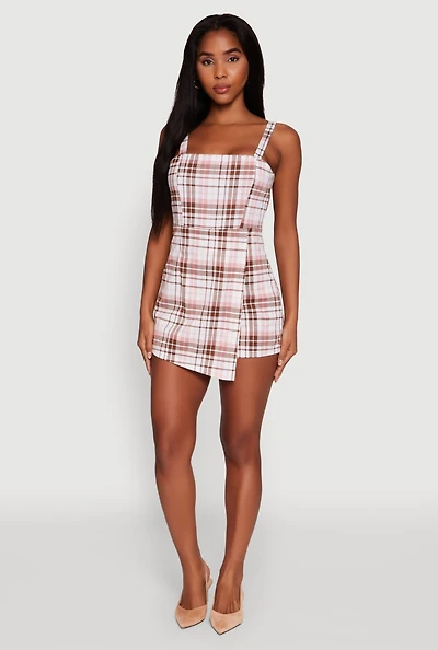 Womens Plaid Sleeveless Romper, Multi,