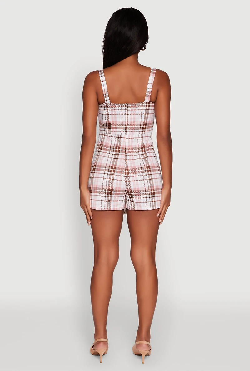 Womens Plaid Sleeveless Romper, Multi, Size XL