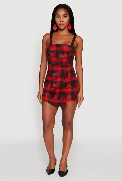 Womens Trendy Plaid Ponte Sleeveless Romper with Zip Back, Red, Size L