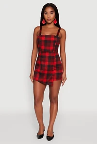 Womens Trendy Plaid Ponte Sleeveless Romper with Zip Back, Red, Size L