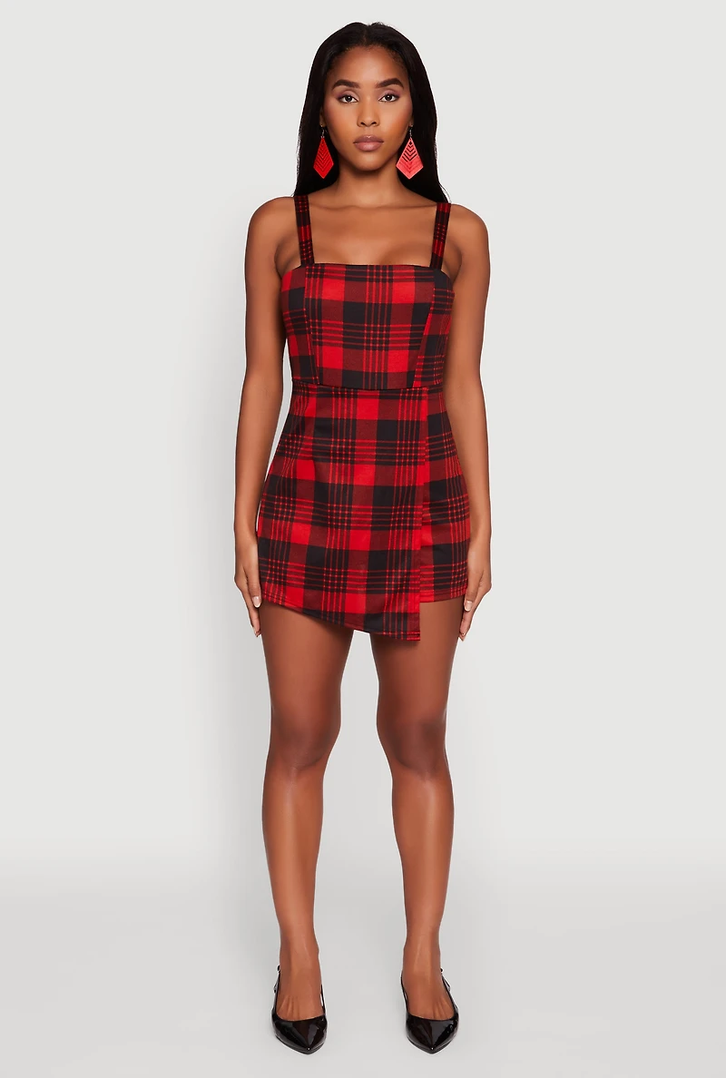 Womens Trendy Plaid Ponte Sleeveless Romper with Zip Back, Red, Size XL