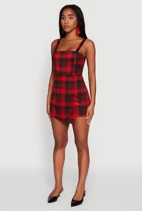 Womens Trendy Plaid Ponte Sleeveless Romper with Zip Back, Red, Size L