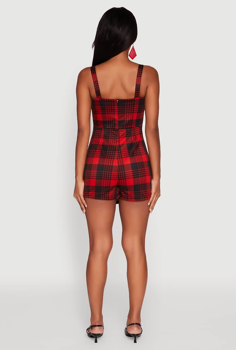 Womens Trendy Plaid Ponte Sleeveless Romper with Zip Back, Red, Size XL