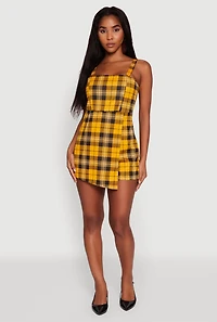 Womens Tartan Plaid Sleeveless Romper, Yellow, Size S
