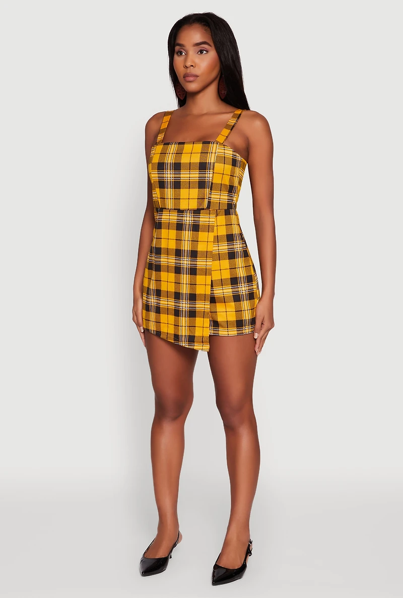 Womens Tartan Plaid Sleeveless Romper, Yellow, Size L