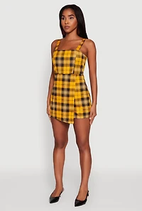 Womens Tartan Plaid Sleeveless Romper, Yellow, Size L