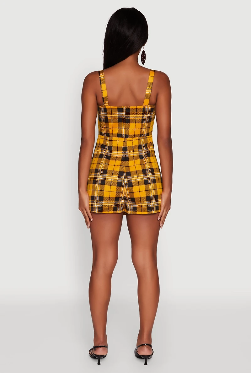Womens Tartan Plaid Sleeveless Romper, Yellow, Size L