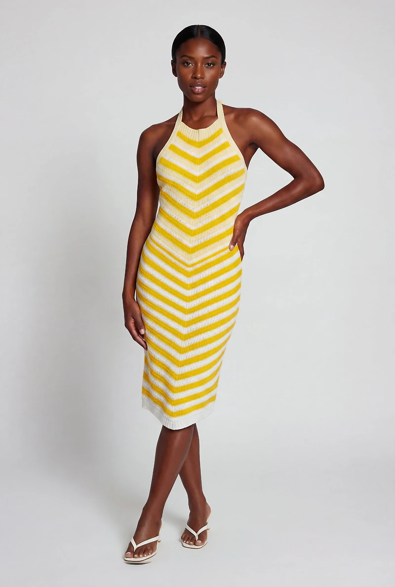 Chevron Stripe Tie Back Halter Crochet Midi Dress