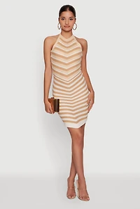 Chevron Stripe Tie Back Halter Crochet Midi Dress