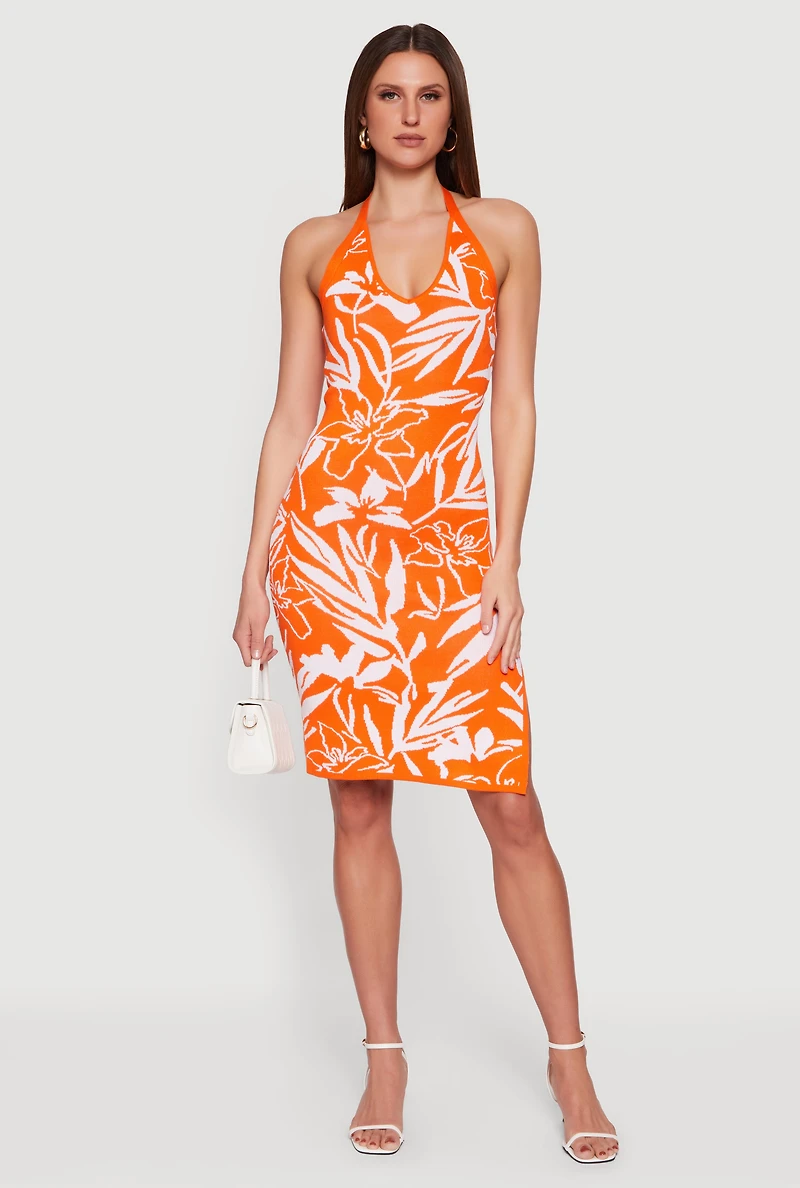 Floral Side Slit Halter Midi Dress