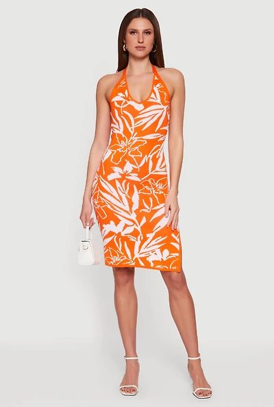Floral Side Slit Halter Midi Dress