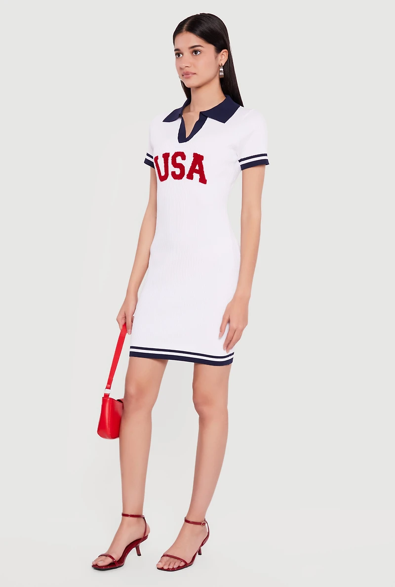 USA Graphic Short Sleeve Polo Sweater Dress