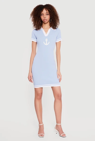Boucle Anchor Patch Graphic Polo Sweater Dress