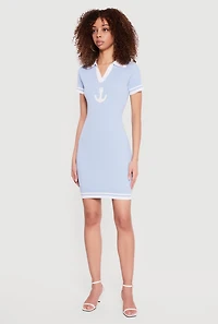Boucle Anchor Patch Graphic Polo Sweater Dress