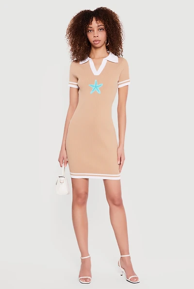 Starfish Patch Short Sleeve Polo Sweater Dress