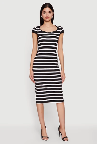 Striped Rip Knit Cap Sleeve V-Neck Midi Dress