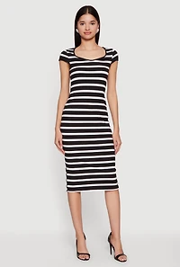 Striped Rip Knit Cap Sleeve V-Neck Midi Dress