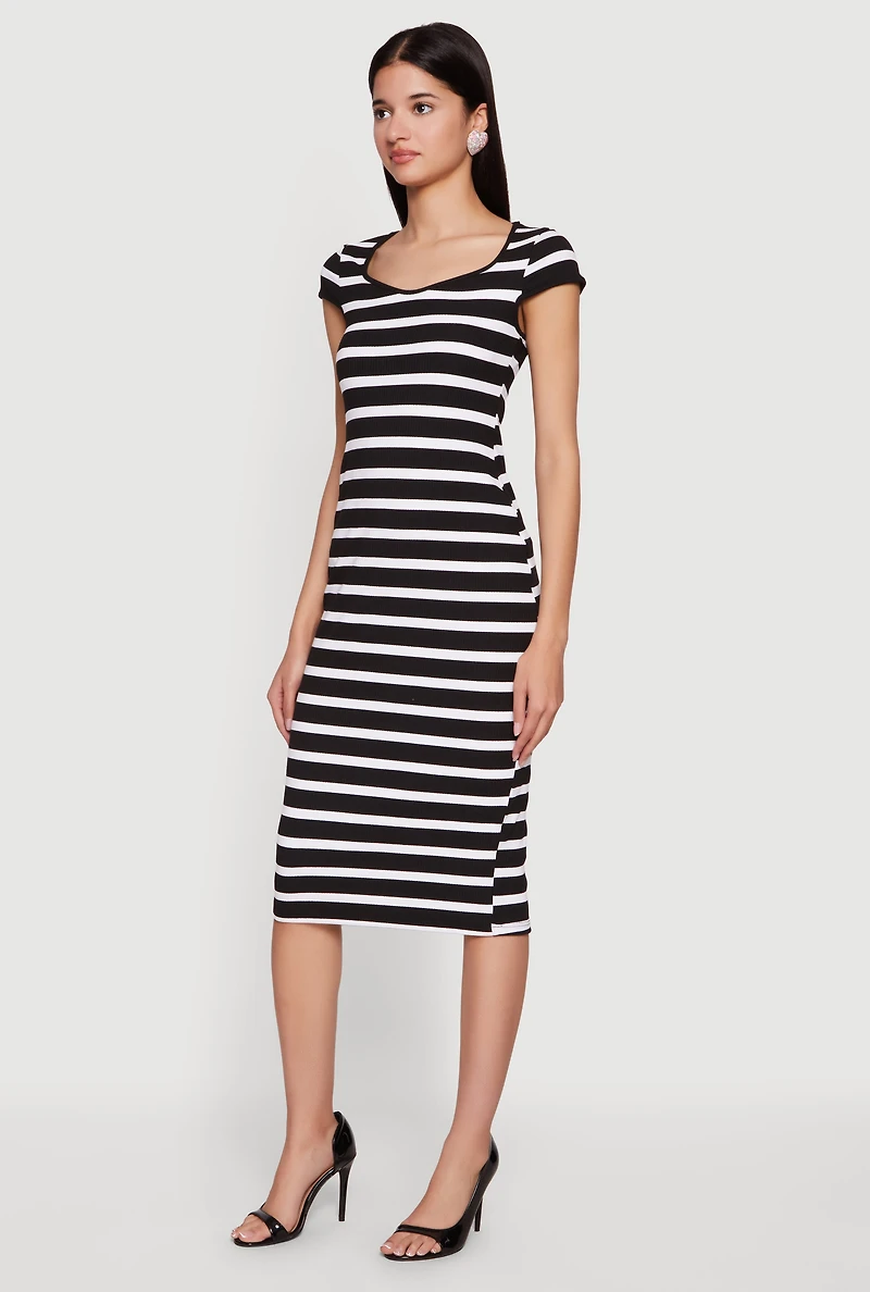 Striped Rip Knit Cap Sleeve V-Neck Midi Dress