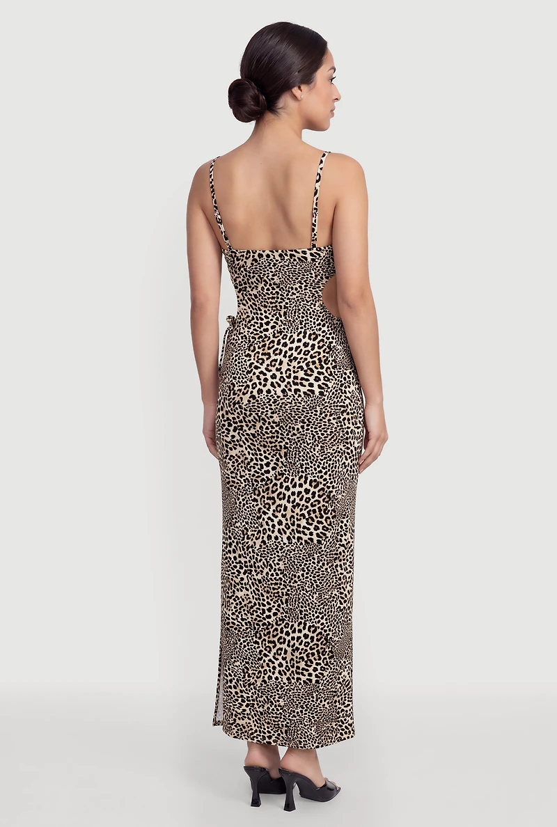 Animal Print Drawstring Side Detail Slit Maxi Dress