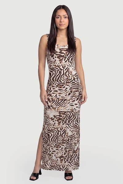 Zebra Leopard Print Maxi Dress with Side Slits