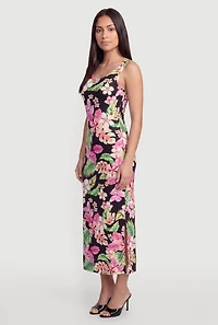 Floral Sleeveless Ribbed Knit Maxi Dress with Side Slits