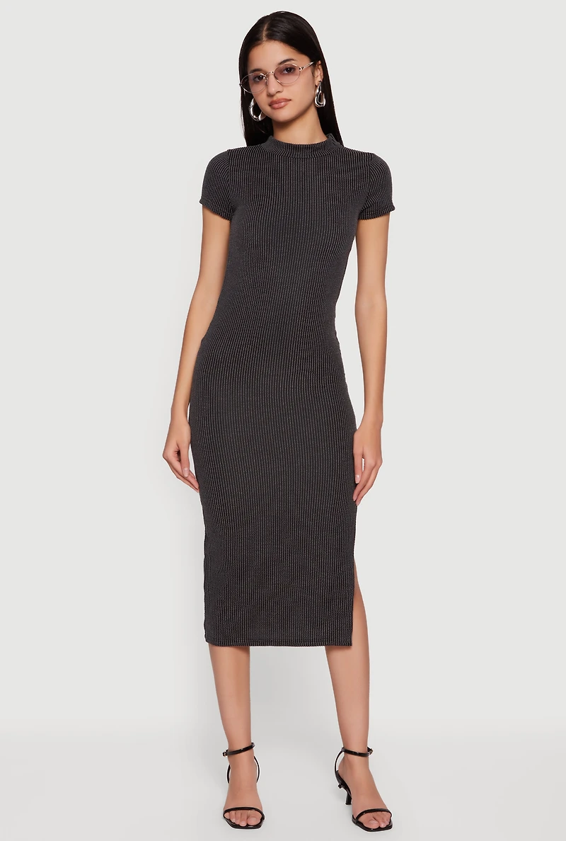 Rib Knit Side Slit Short Sleeve Mock Neck Midi Dress
