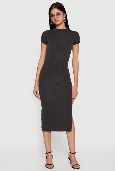 Rib Knit Side Slit Short Sleeve Mock Neck Midi Dress