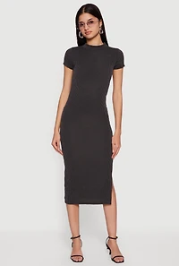 Rib Knit Side Slit Short Sleeve Mock Neck Midi Dress