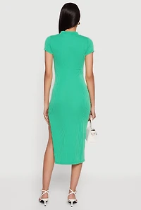 Rib Knit Side Slit Short Sleeve Mock Neck Midi Dress