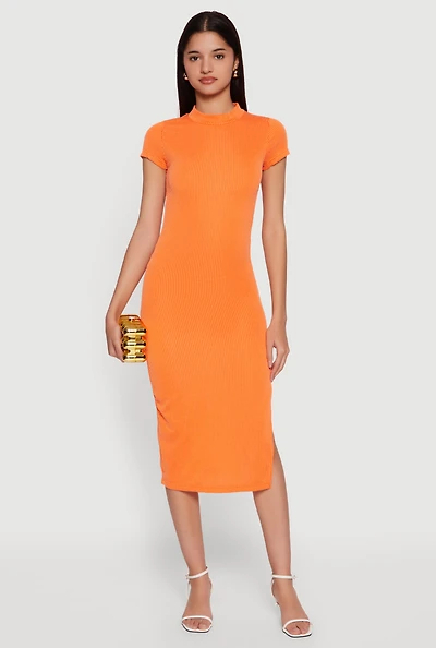 Rib Knit Side Slit Short Sleeve Mock Neck Midi Dress