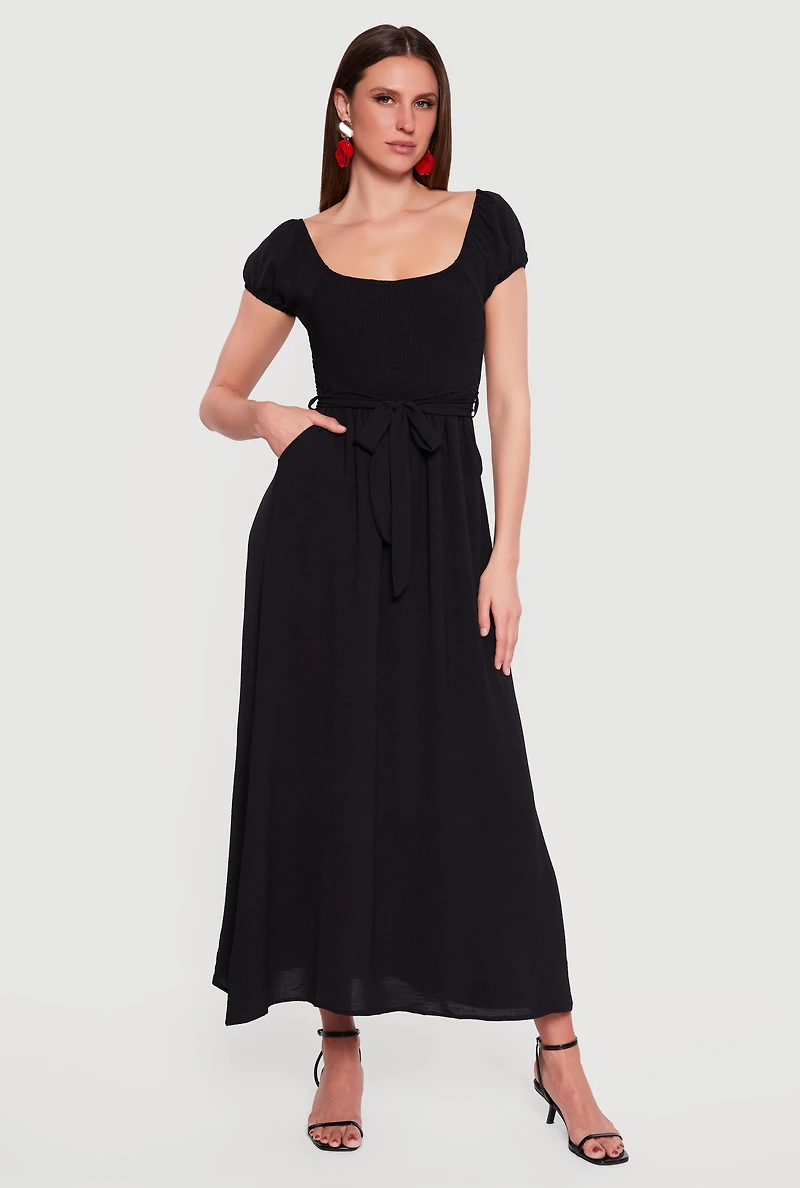 Puff Cap Sleeve Smocked Maxi Dress with Tie Waist Belt