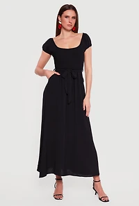 Puff Cap Sleeve Smocked Maxi Dress with Tie Waist Belt