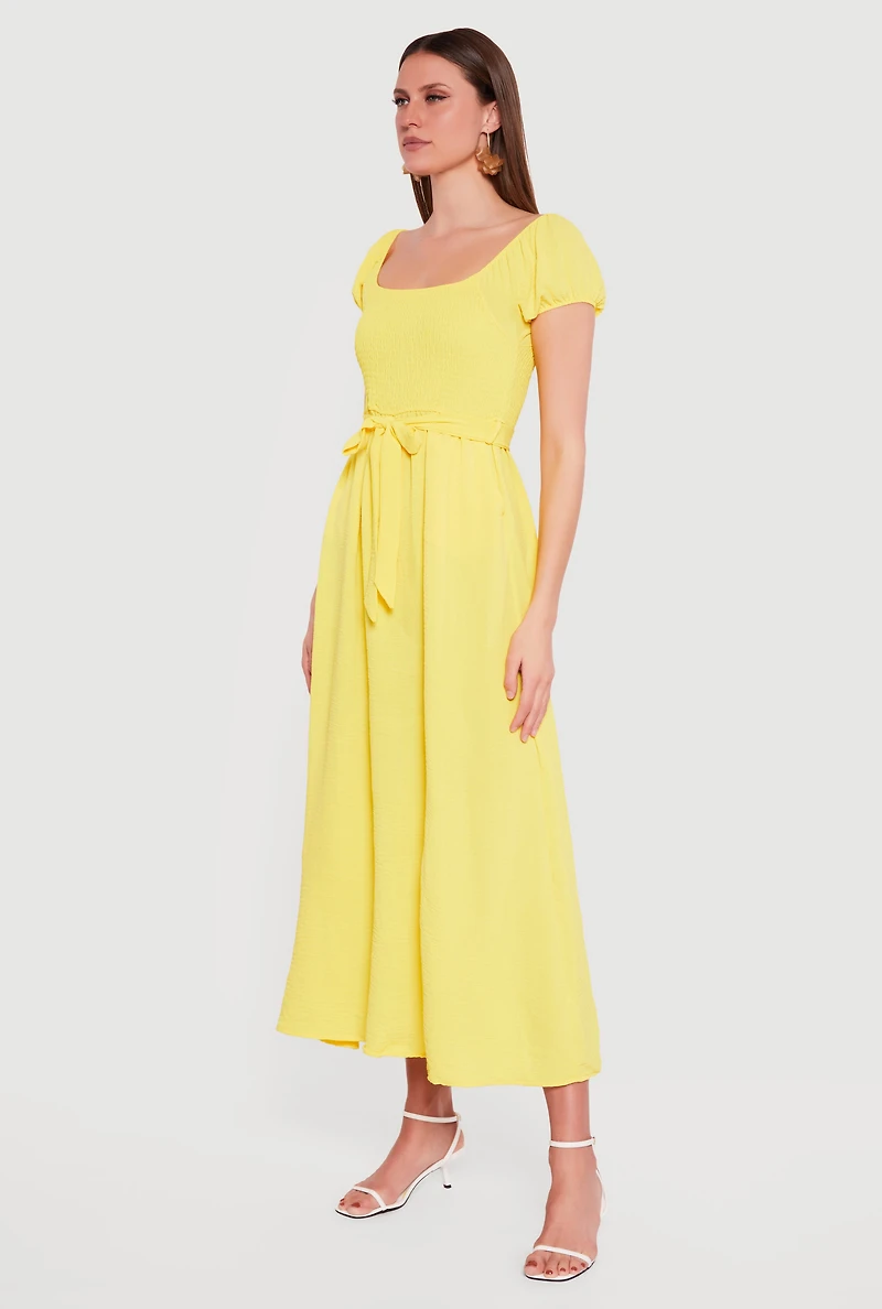 Puff Cap Sleeve Smocked Maxi Dress with Tie Waist Belt