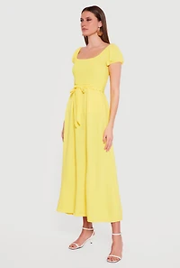Puff Cap Sleeve Smocked Maxi Dress with Tie Waist Belt