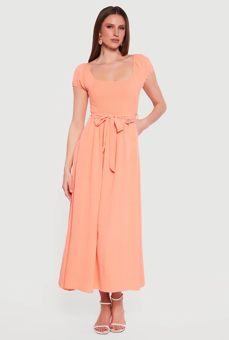 Puff Cap Sleeve Smocked Maxi Dress with Tie Waist Belt