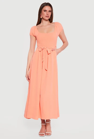 Puff Cap Sleeve Smocked Maxi Dress with Tie Waist Belt