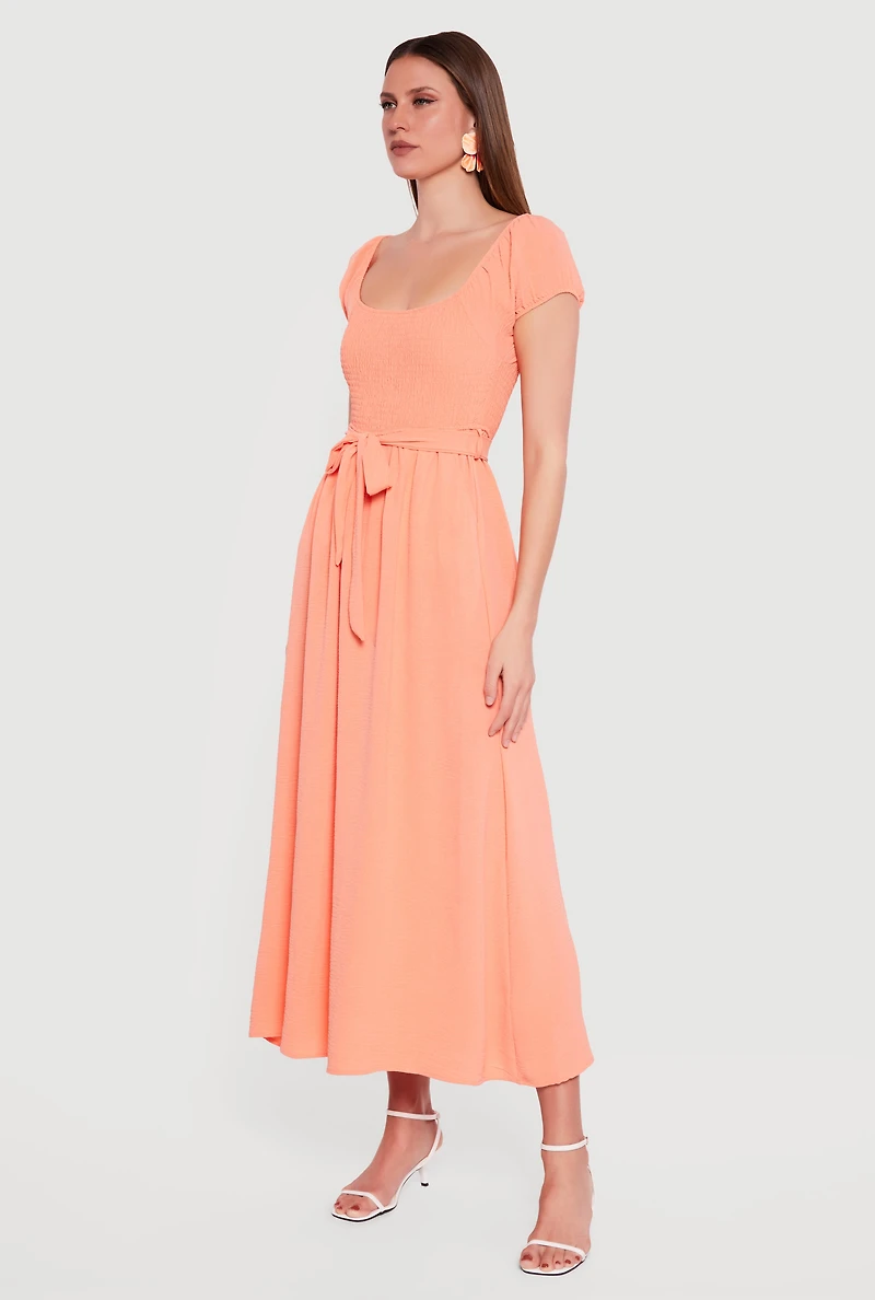 Puff Cap Sleeve Smocked Maxi Dress with Tie Waist Belt