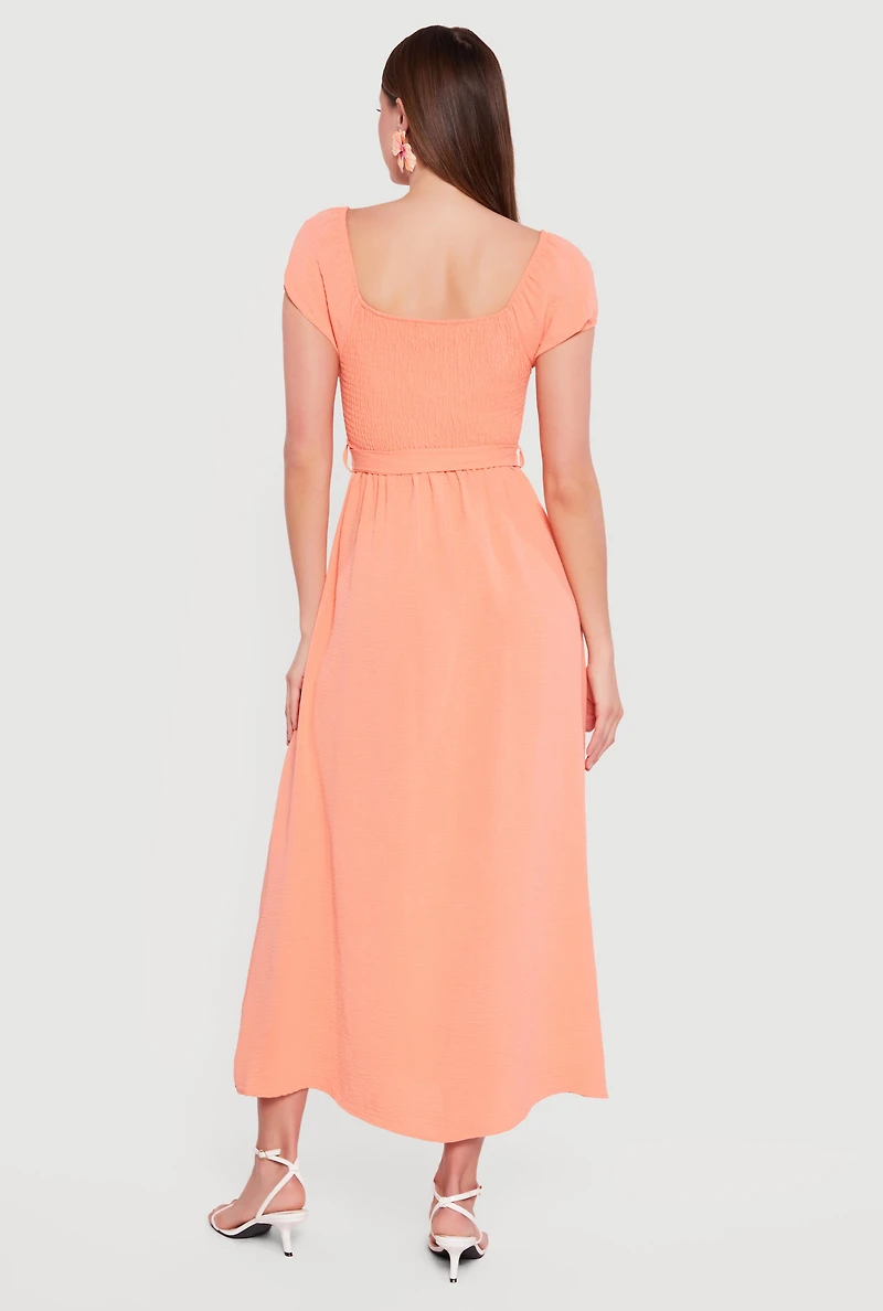 Puff Cap Sleeve Smocked Maxi Dress with Tie Waist Belt