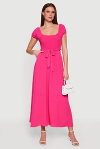 Puff Cap Sleeve Smocked Maxi Dress with Tie Waist Belt