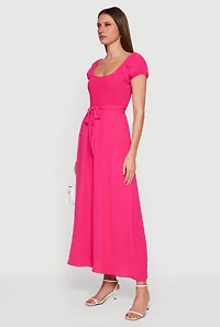 Puff Cap Sleeve Smocked Maxi Dress with Tie Waist Belt