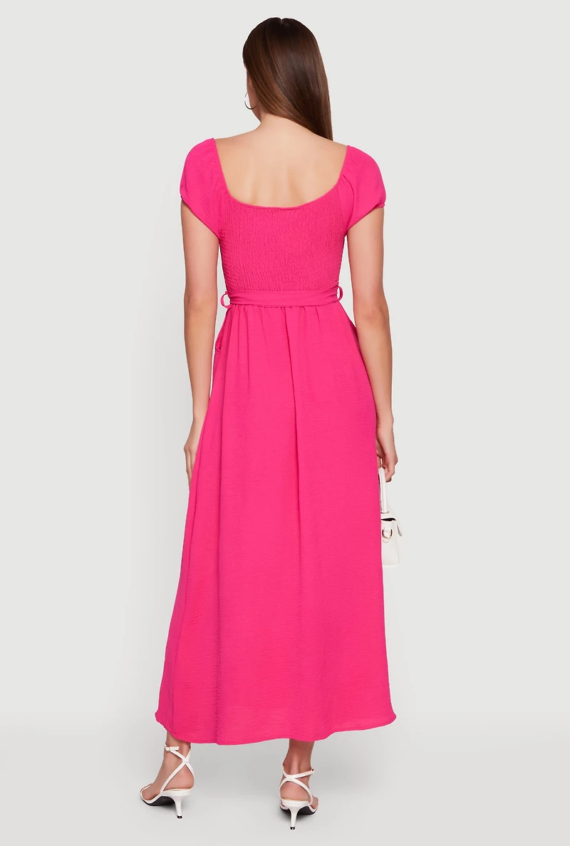 Puff Cap Sleeve Smocked Maxi Dress with Tie Waist Belt