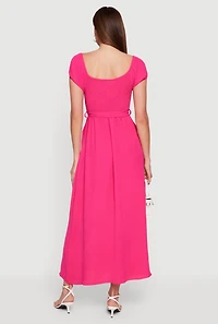 Puff Cap Sleeve Smocked Maxi Dress with Tie Waist Belt
