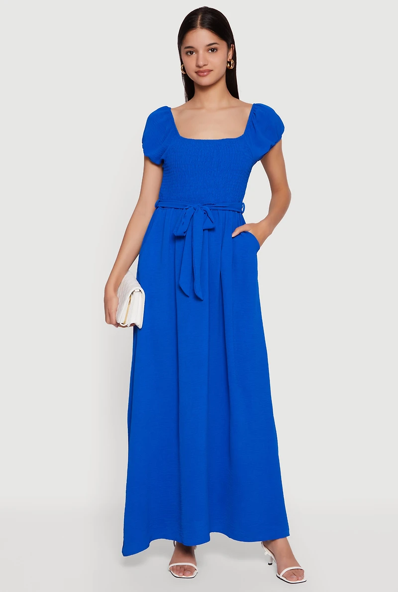 Puff Cap Sleeve Smocked Maxi Dress with Tie Waist Belt