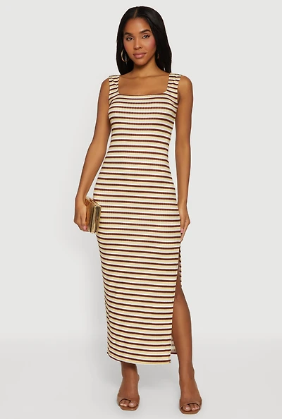 Striped Rib Knit Square Neck Side Slit Maxi Dress