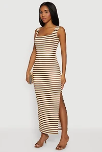 Striped Rib Knit Square Neck Side Slit Maxi Dress