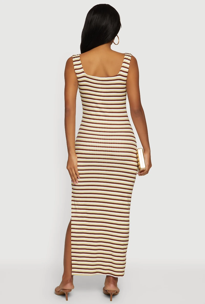 Striped Rib Knit Square Neck Side Slit Maxi Dress
